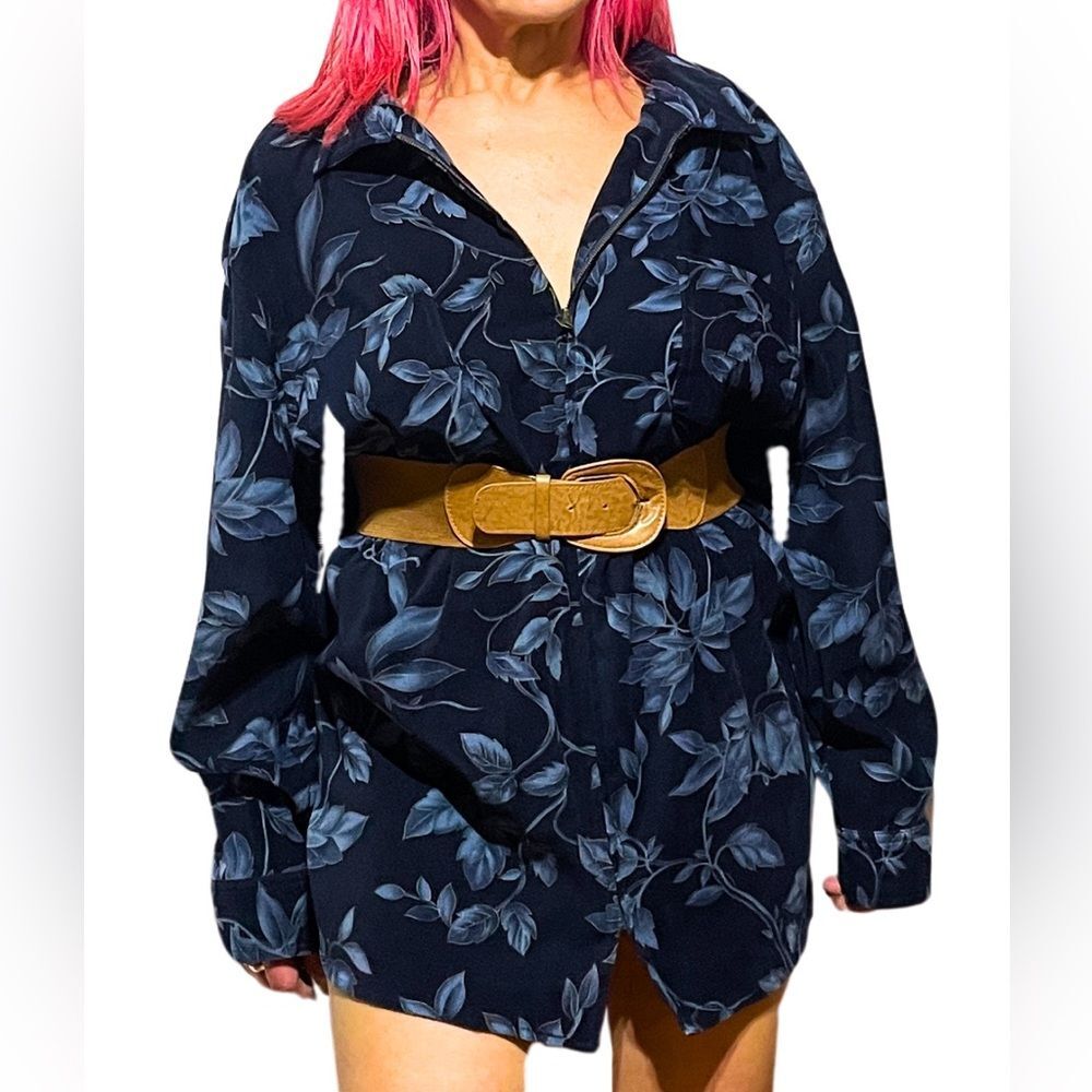 Vintage Blue Floral Print Shirt Mini Dress